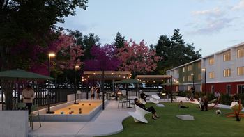A rendering of a park with a pool and people playing in it